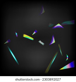 Rainbow Tinsel. Flying Hologram Confetti. Silver Transparent Falling Particles.  Gradient Overlay Neon Foil Tinsel. Blue, Purple, Green Celebration Background. Holo Glitch Effect Rainbow Tinsel.