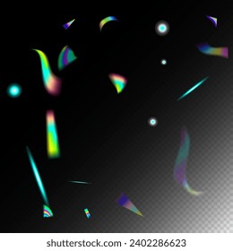 Rainbow Tinsel. Flying Hologram Confetti.  Gradient Overlay Neon Foil Tinsel. Holo Glitch Effect Rainbow Tinsel. Silver Transparent Falling Particles. Blue, Purple, Green Celebration Background.