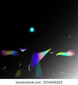 Rainbow Tinsel.  Gradient Overlay Glare Foil Tinsel. Blue, Purple, Green Celebration Background. Holo Glam Effect Rainbow Lights. Silver Transparent Falling Particles. Falling Hologram Confetti.