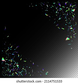 Tinsel arcoiris.  Tinsel de neón de niebla de pendiente. Antecedentes De Celebración Azul, Púrpura Y Verde. Holo Glitch Efecto Tinsel Arcoiris. Partículas De Crecimiento Transparentes Plateadas. Holografo Volador Confetti.