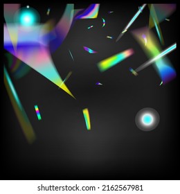 Rainbow Tinsel.  Gradient Overlay Vivid Foil Tinsel. Gold Transparent Falling Particles. Falling Hologram Confetti. Holo Glitch Effect Rainbow Lights. Blue, Purple, Green Celebration Background.