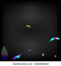 Tinsel arcoiris. Luces arcoiris con efecto Holo Glam. Holografía en caída de Confetti.  Superposición de degradado Vivid Foil Tinsel. Antecedentes De Celebración Azul, Púrpura Y Verde. Partículas De Crecimiento Transparentes Plateadas.