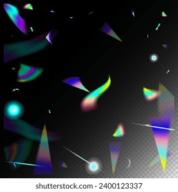 Rainbow Tinsel. Holo Glam Effect Rainbow Lights. Falling Hologram Confetti. Metal Transparent Falling Particles. Blue, Purple, Green Celebration Background.  Gradient Overlay Glare Foil Tinsel.