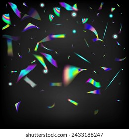 Arcoiris Tinsel. Luces de arco iris con efecto Holo Glam. Partículas en caída transparentes de plata. Holograma Confeti Caído.  Tinsel de lámina vívida superpuesto degradado. Azul, Púrpura, Verde Fondo De La Celebración.