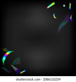 Rainbow Tinsel. Holo Glitch Effect Rainbow Tinsel. Flying Holograph Confetti.  Gradient Overlay Neon Foil Tinsel. Silver Transparent Falling Particles. Blue, Purple, Green Celebration Background.