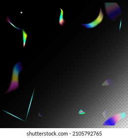 Rainbow Tinsel. Holo Glitch Effect Rainbow Bokeh. Falling Holograph Confetti.  Gradient Overlay Glare Foil Tinsel. Silver Transparent Falling Particles. Blue, Purple, Green Celebration Background.