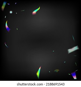 Rainbow Tinsel. Holo Glitch Effect Rainbow Tinsel. Flying Hologram Confetti.  Gradient Overlay Glare Foil Tinsel. Blue, Purple, Green Celebration Background. Silver Transparent Falling Particles.