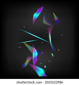 Rainbow Tinsel. Silver Transparent Falling Particles. Falling Holograph Confetti. Holo Glam Effect Rainbow Lights. Blue, Purple, Green Celebration Background.  Gradient Overlay Vivid Foil Tinsel.