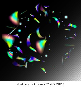 Rainbow Tinsel. Silver Transparent Falling Particles.  Gradient Overlay Vivid Foil Tinsel. Holo Glitch Effect Rainbow Lights. Flying Hologram Confetti. Blue, Purple, Green Celebration Background.