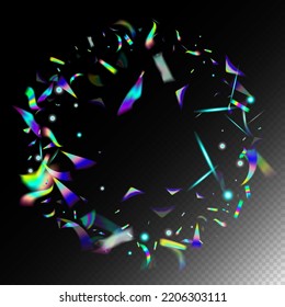 Rainbow Tinsel. Silver Transparent Falling Particles. Holo Glitch Effect Rainbow Bokeh. Blue, Purple, Green Celebration Background.  Gradient Overlay Neon Foil Tinsel. Falling Holograph Confetti.