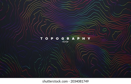Rainbow topography pattern. Vector illustration of heights map topographic backdrop. Abstract background with engraved iridescent metallic cartography relief. Decoration for modern poster design