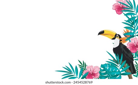 Rainbow toucan in the tropical jungle. Carnival in Brazil, Rio de Janeiro. Tropical composition. Watercolor illustration on a white background.