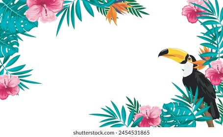 Rainbow toucan in the tropical jungle. Carnival in Brazil, Rio de Janeiro. Tropical composition. Watercolor illustration on a white background.