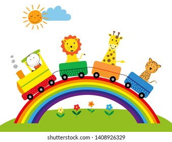 Rainbow, train and animals - colorful children's illustartion
