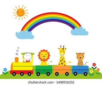 Rainbow, train and animals - colorful children's illustartion