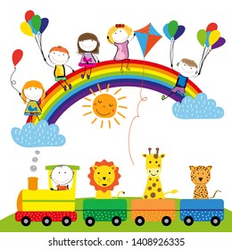 Rainbow, train and animals - colorful children's illustartion