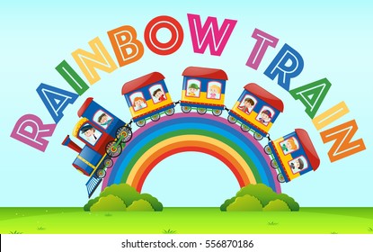 Rainbow train with kids riding on it illustration