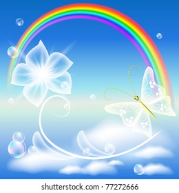 Rainbow, transparent flower and butterfly