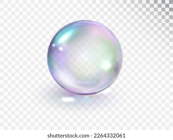 Rainbow transparent soap bubble Isolated. Vector realistic shine sphere. 3D illustration.