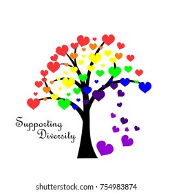 Rainbow Tree with Colorful Heart Shaped Leaves and Phrase Supporting Diversity