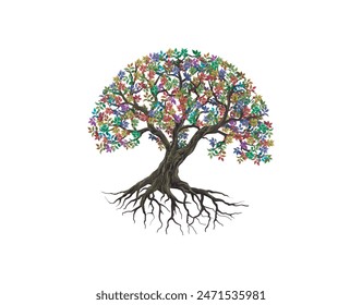 Rainbow tree, a tree with roots and colorful leaves. Isolated on white background.