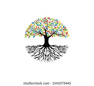 rainbow Tree and roots vector, tree with round shape, heart leaf symbols.