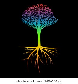 Rainbow tree silhouette with roots