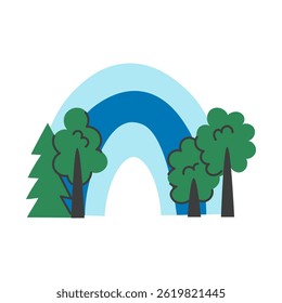 Rainbow and Trees. Environment Forest Nature Protection symbol. Hand drawn flat vector illustration
