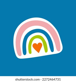 Rainbow. Trendy vector cartoon illustration isolated on blue. Sticker, patch badge. Design for decoration children room interior, poster, card. Summer symbol.