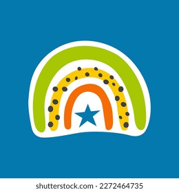 Rainbow. Trendy vector cartoon illustration isolated on blue. Sticker, patch badge. Design for decoration children room interior, poster, card. Summer symbol.