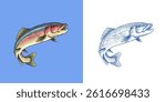 Rainbow trout collection with fish package and chunk of meat.River fishing elements and filet, salmon or other sea food fishing tackle and hook, bobber 