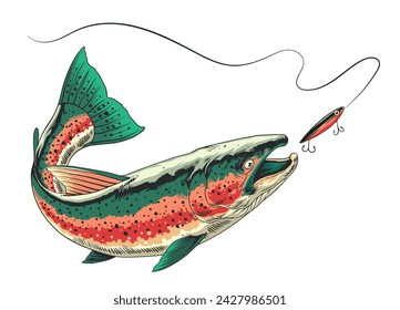 Rainbow Trout Fish Swimming Catching the Fishing Lure