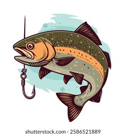 Rainbow trout fishing illustration logo vector image. Vector Cartoon Salmon. Design element , label, sign, emblem, t-shirt. Fishing theme.