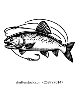 Rainbow trout fishing illustration logo silhouette in vector icon illustration . Vector Cartoon Salmon. Design element , label, sign, emblem, t-shirt. Fishing theme.