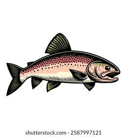 Rainbow trout fishing illustration  vector image. Vector Cartoon fish. Design element , label, sign, emblem, t-shirt. Fishing theme.