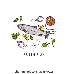 Rainbow trout with fresh herbs. Vector illustration.