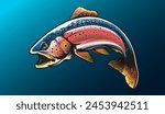 Rainbow trout jumping out water.Salmon isolated on white background. Concept art for horoscope, tattoo or colouring book.