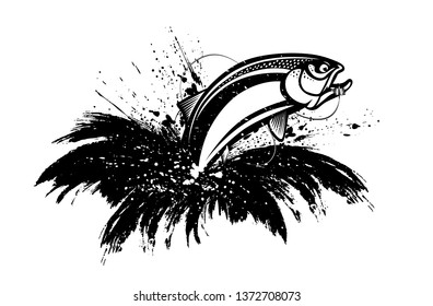 Rainbow trout jumping out water.Salmon isolated on white background. Concept art for horoscope, tattoo or colouring book. Water splash. Grunge background. Paint stains.