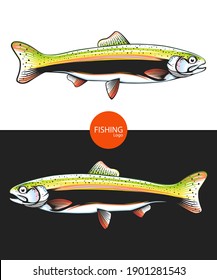 Rainbow trout jumping out water.Salmon isolated on white background. Concept art for horoscope, tattoo or colouring book.