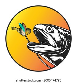 Rainbow trout jumping out water.Salmon isolated on white background. Concept art for horoscope, tattoo or colouring book.