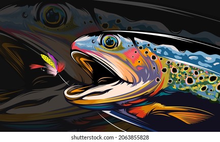 Rainbow trout jumping out water.Salmon isolated on white background. Concept art for horoscope, tattoo or colouring book.