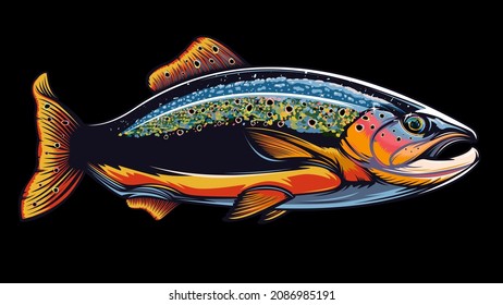 Rainbow trout jumping out water.Salmon isolated on white background. Concept art for horoscope, tattoo or colouring book.