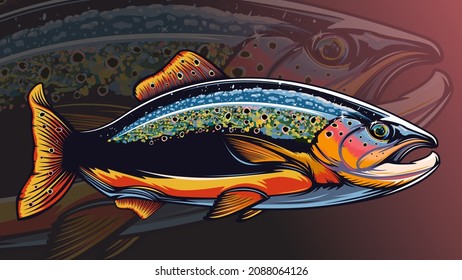 Rainbow trout jumping out water.Salmon isolated on white background. Concept art for horoscope, tattoo or colouring book.