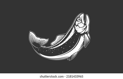 Rainbow trout jumping out water.Salmon isolated on white background. Concept art for horoscope, tattoo or colouring book.
