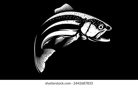 Rainbow trout jumping out water.Salmon isolated on white background. Concept art for horoscope, tattoo or colouring book.