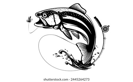 Rainbow trout jumping out water.Salmon isolated on white background. Concept art for horoscope, tattoo or colouring book.