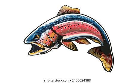 Rainbow trout jumping out water.Salmon isolated on white background. Concept art for horoscope, tattoo or colouring book.