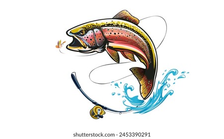 Rainbow trout jumping out water.Salmon isolated on white background. Concept art for horoscope, tattoo or colouring book.