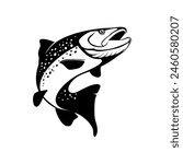 Rainbow Trout logo, Black and White Trout fish jumping out of the water, Great for your rainbow fishing activity.