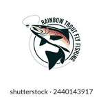 Rainbow Trout logo Emblem, Unique And Colored Rainbow Trout fish jumping out of the water, Great for your rainbow fishing activity.